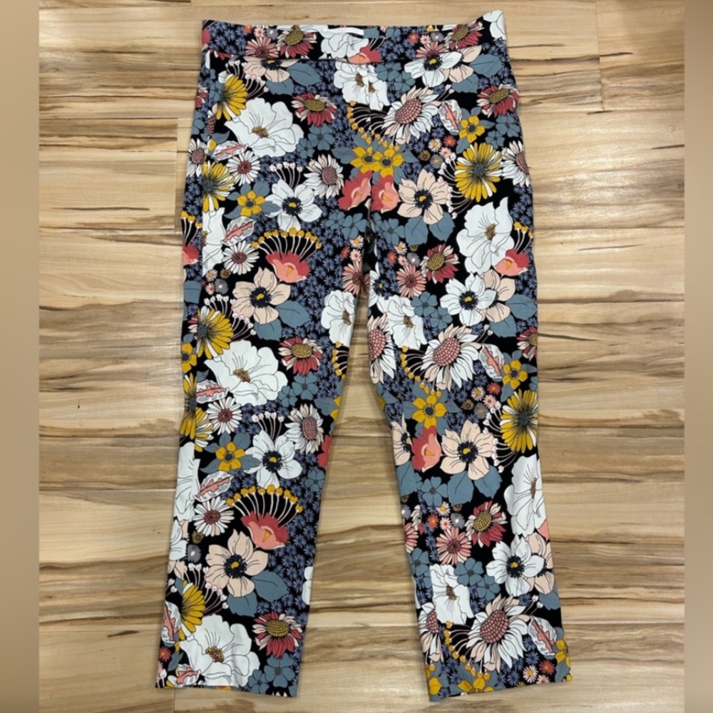 Jules & Leopold 70s Retro Blue,Pink,White & Yellow Floral Cropped Stretch Pants